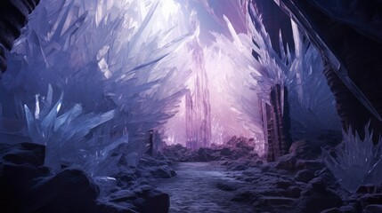  a painting of an ice cave with a river running through it and ice formations on the sides of the walls.  generative ai