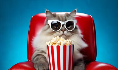 funny cat watching 3D movie in 3d glasses with popcorn on flat  background at home 