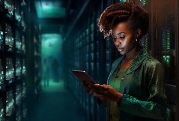 African american businesswoman using tablet in server room.  