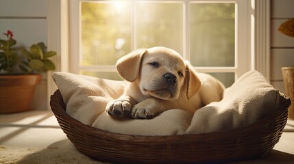 a cute Labrador puppy curled up in a ball, peacefully resting on a cozy dog bed.