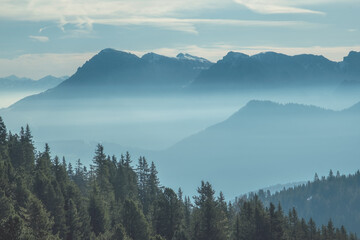 Aerial view of mountains under mist morning
