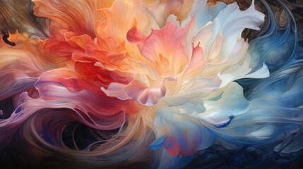  a painting of a colorful flower on a black background with white, orange, and blue swirls in the center.  generative ai