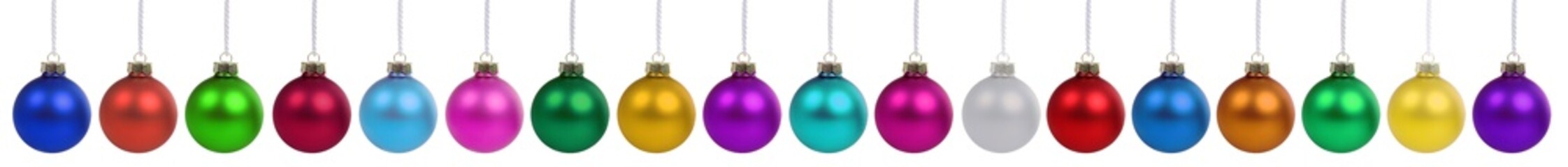 Christmas balls baubles banner advent decoration in a row isolated on white