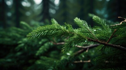 a green coniferous cedar branch against the lush background of a vibrant green forest, the intricate details of the cedar needles and bark to showcase the natural beauty of the scene.