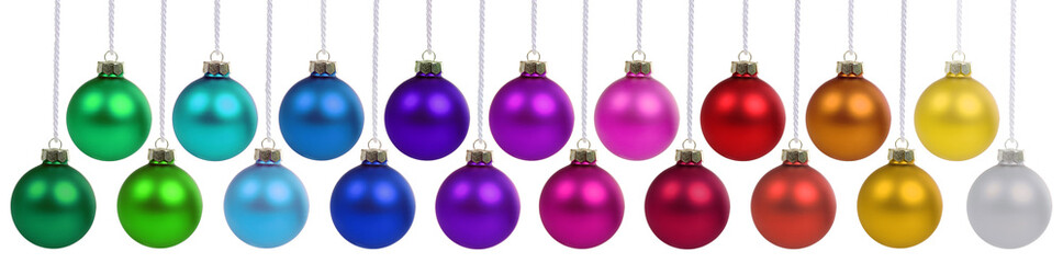 Obraz premium Christmas balls many baubles banner with colorful colors color decoration hanging isolated on white