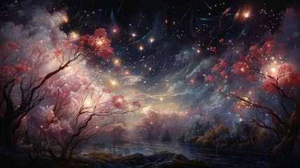  a painting of a night scene with a lake and trees in the foreground and fireworks in the sky above.  generative ai