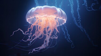  a close up of a jellyfish in a dark room with other jellyfish in the background and one jellyfish in the foreground.  generative ai