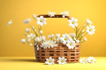 White flowers in wooden basket on yellow spring background 3D RenderingWhite flowers in wooden basket on yellow spring background 3D RenderingWhite flowers in wooden basket on yellow spring background