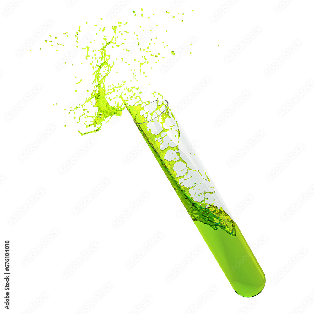 Poster test tube with green liquid and splash. 3d rendering isolated on transparent background