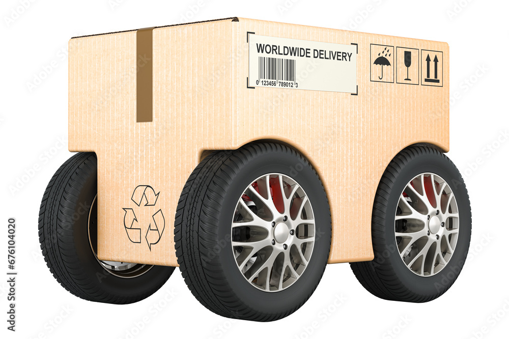 Poster parcel with wheels, delivery concept. 3d rendering isolated on transparent background