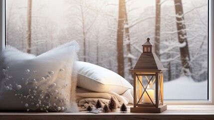 a lantern and pillows arranged on a windowsill with a winter view in a modern minimalist style home, the warmth and comfort of the interior against the cold winter landscape outside.