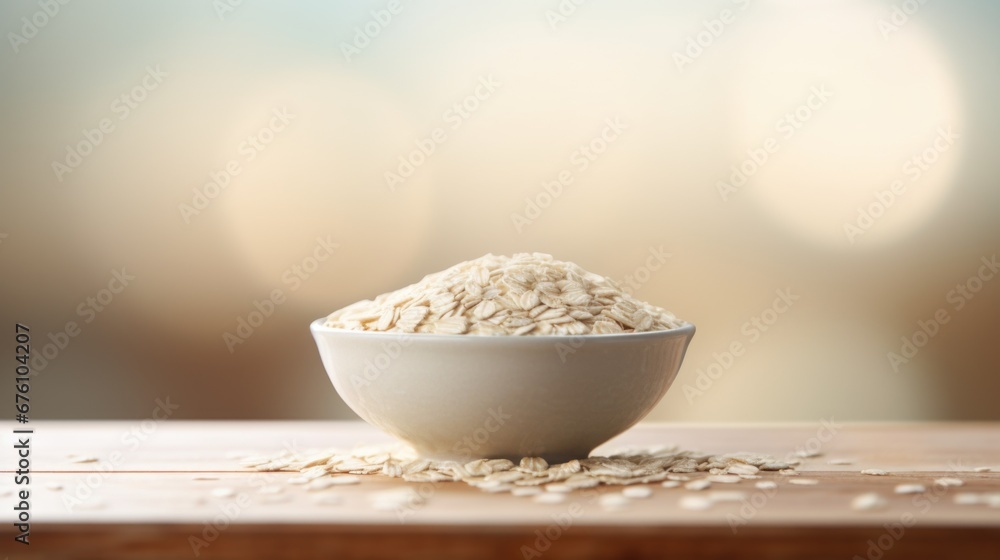 Poster Oats in bowl on wooden table with blurred background, AI