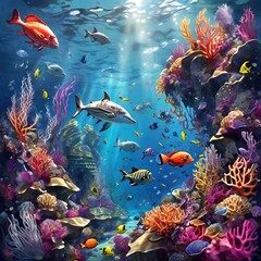 Naklejka na ściany i meble A breathtaking underwater scene teeming with vibrant marine life