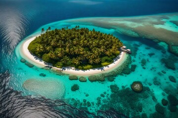 detailed nature photography photo of beautiful small tropical islands in a sea with fish, photo angle: Bird's Eye View perspective  4k, 8k, 16k, full ultra hd, high resolution and cinematic photograph