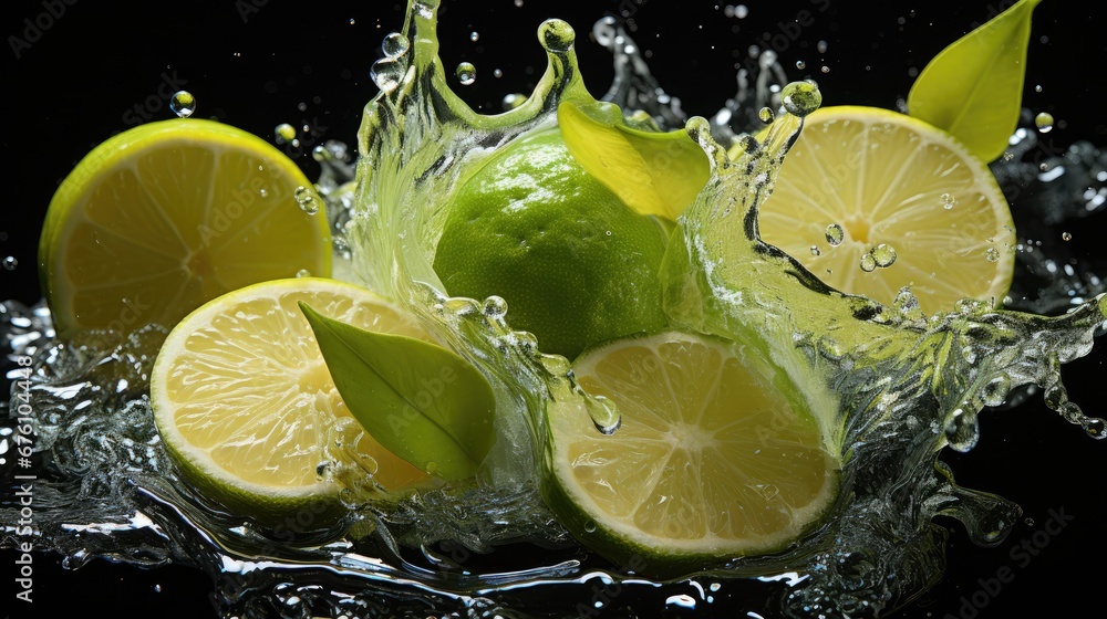Aufkleber a group of lemons and limes with water splashing around them on a black background with a splash of 