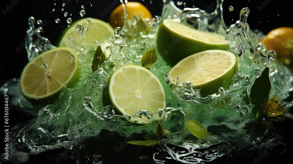 Aufkleber a group of limes with water splashing around them on a black surface with oranges in the background.