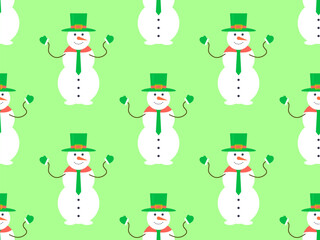 Seamless pattern with a snowman n a hat, mittens and a tie. Winter Christmas background with a snowman made of three snow balls. Xmas design for banner and poster. Vector illustration