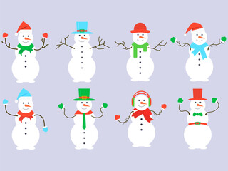 Snowmen set isolated on white background. Snowmen dressed in hats, scarves, mittens, ties, headphones and bow tie for suit. Snowman made of three snow balls for banner and poster. Vector illustration