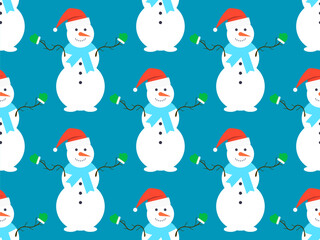 Seamless pattern with snowmen in a hat, scarf and mittens. Winter Christmas background with three-ball snowman. Xmas design for wrapping paper, banners and promotional items. Vector illustration