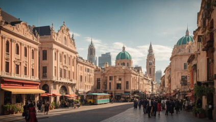 Cityscape with a vibrant mix of modern and historic buildings, showcasing the city's rich heritage - AI Generative
