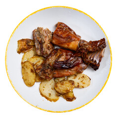 Portions of rabbit baked with thin slices of potatoes are served on plate. Isolated over white background