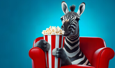 funny zebra watching 3D movie in 3d glasses with popcorn on flat background at home 