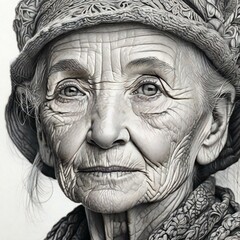 A close-up pencil drawing portrait capturing the intricate details of an elderly person's face