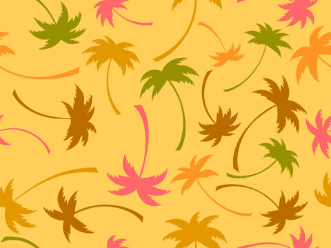 Seamless pattern with palm trees of different colors. Summer time, wallpaper with tropical palm trees pattern. Design for printing t-shirts, banners and promotional items. Vector illustration