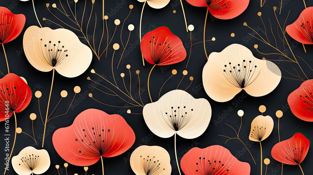 Poster a pattern of red and white flowers on a black background with golden stems and dots in the center of