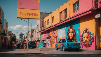 Fototapeta premium Cityscape with vibrant street art adorning the buildings, adding pops of color and creativity - AI Generative