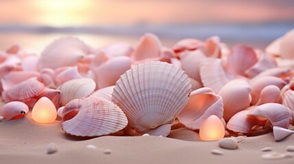 Sea shells and candles on the beach at sunset, AI - Powered by Adobe