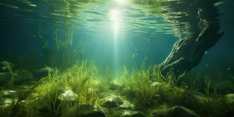 Foto op Aluminium Underwater Grass, Long Seaweed in Dark River Water, Overgrown Stream with Algae, Grass Waving in Water © artemstepanov