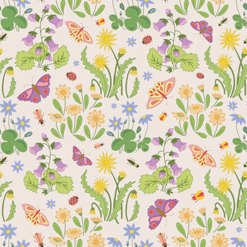 Millefleurs seamless pattern. Hand drawn wild flowers and butterflies.