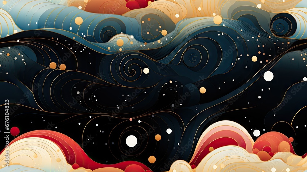 Poster a painting of waves and bubbles on a black and white background with a red and yellow circle in the 