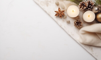 Merry Christmas. A postcard of the year 2024. White Christmas background with candle and cones. Christmas fir branch with empty template for your text. Abstract holiday backdrop with copy space. 