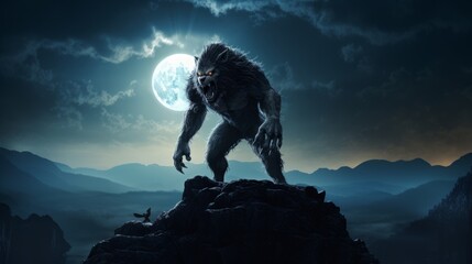 Illustration of a werewolf with the moon in the background.  - obrazy, fototapety, plakaty