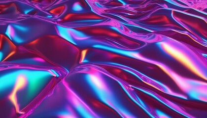 Fototapeta premium 80s, 90s style abstract holographic background with bright neon colored crumpled metallic texture