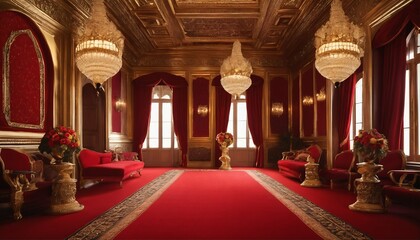 Fototapeta na wymiar Red carpet pathway to thrones inside a luxurious palace castle - Fit for a king
