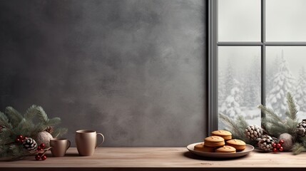 Christmas breakfast with a cup of coffee, a coffee pot, and gingerbread, ample copy space for your text to convey a clean and festive vibe.