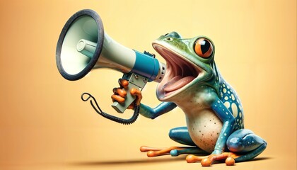 Happy frog with megaphone on pastel background - wildlife photo style advertisement - obrazy, fototapety, plakaty