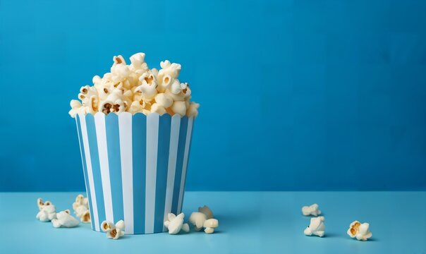 paper bucket with popcorn  on flat  background with copyspace