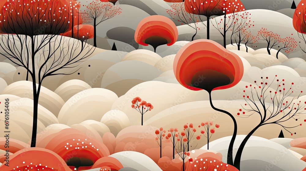 Poster a painting of a landscape with red trees and white rocks in the foreground and a red sky in the back