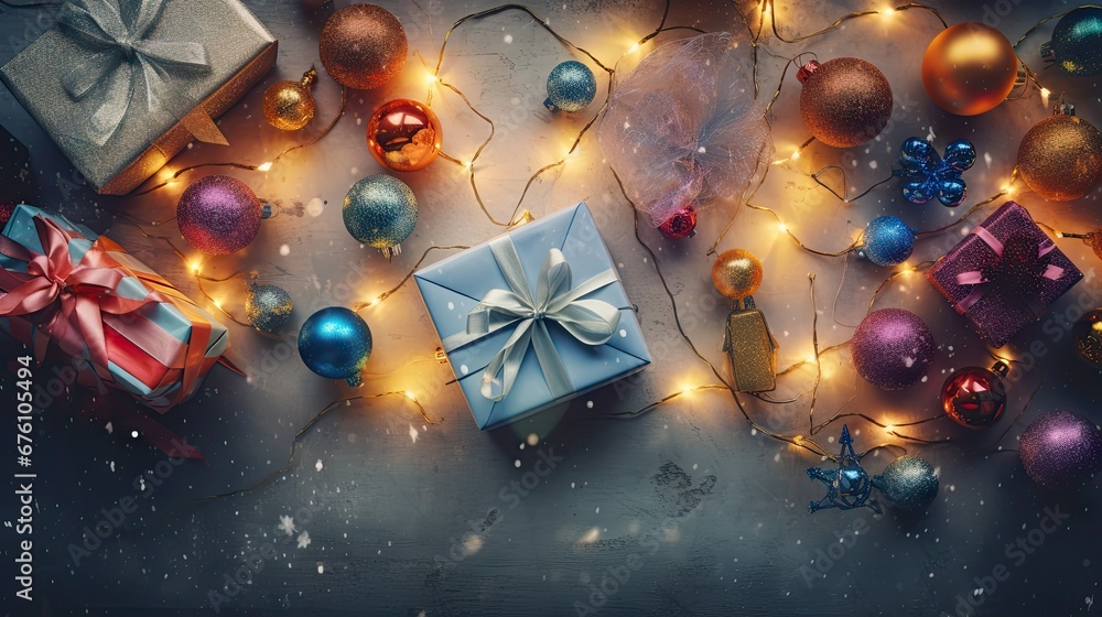 Poster a group of presents sitting on top of a table next to a christmas ornament and a string of lights. g
