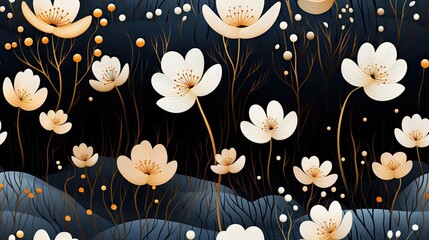  a painting of white flowers in a field with blue grass and yellow flowers in the foreground and a black background.  generative ai
