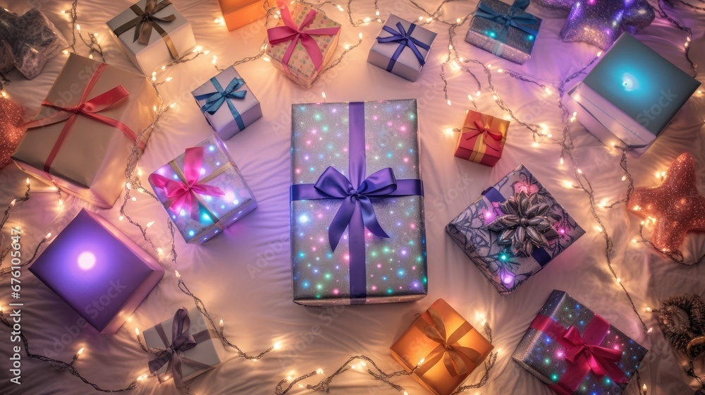 Poster a group of wrapped presents sitting on top of a bed next to a string of lights and a christmas tree.