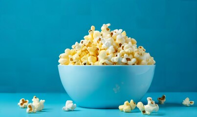 paper bucket with popcorn  on flat  background with copyspace