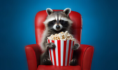 funny racoon watching 3D movie in 3d glasses with popcorn on flat  background at home  - obrazy, fototapety, plakaty