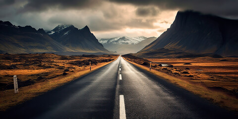 an empty road with mountains in the background.	
