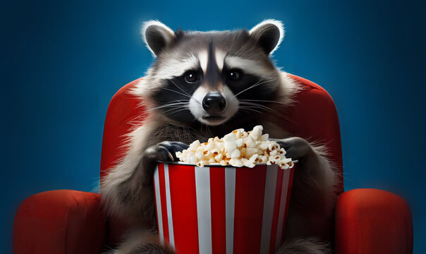 funny racoon watching 3D movie in 3d glasses with popcorn on flat  background at home 