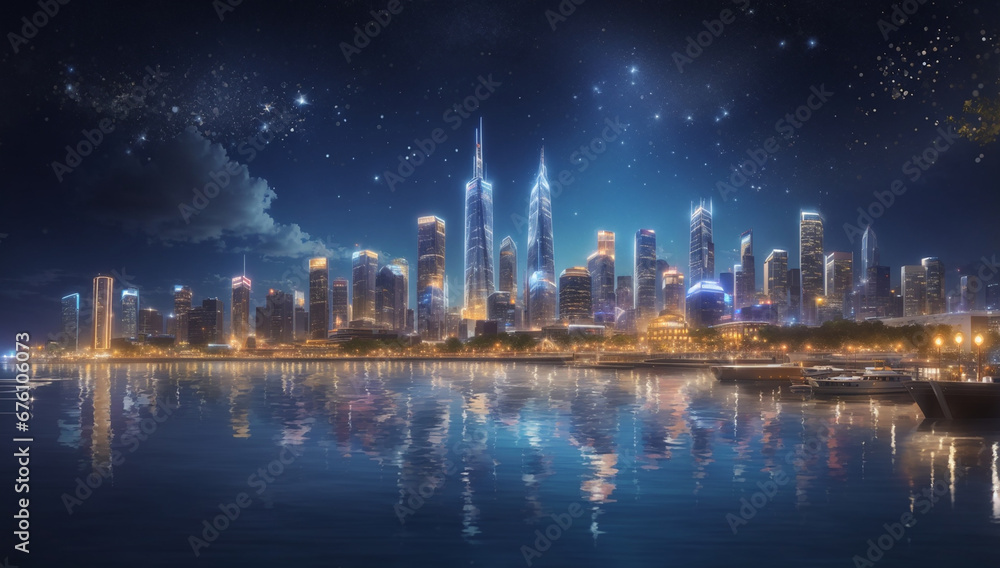 Poster craft a magnificent and captivating city skyline at night, aglow with sparkling lights that dance up